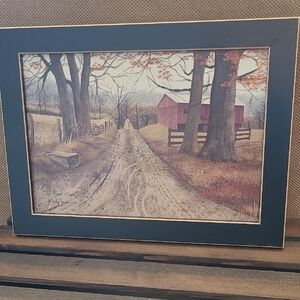 Framed Rustic Country Road Print with Red Barn